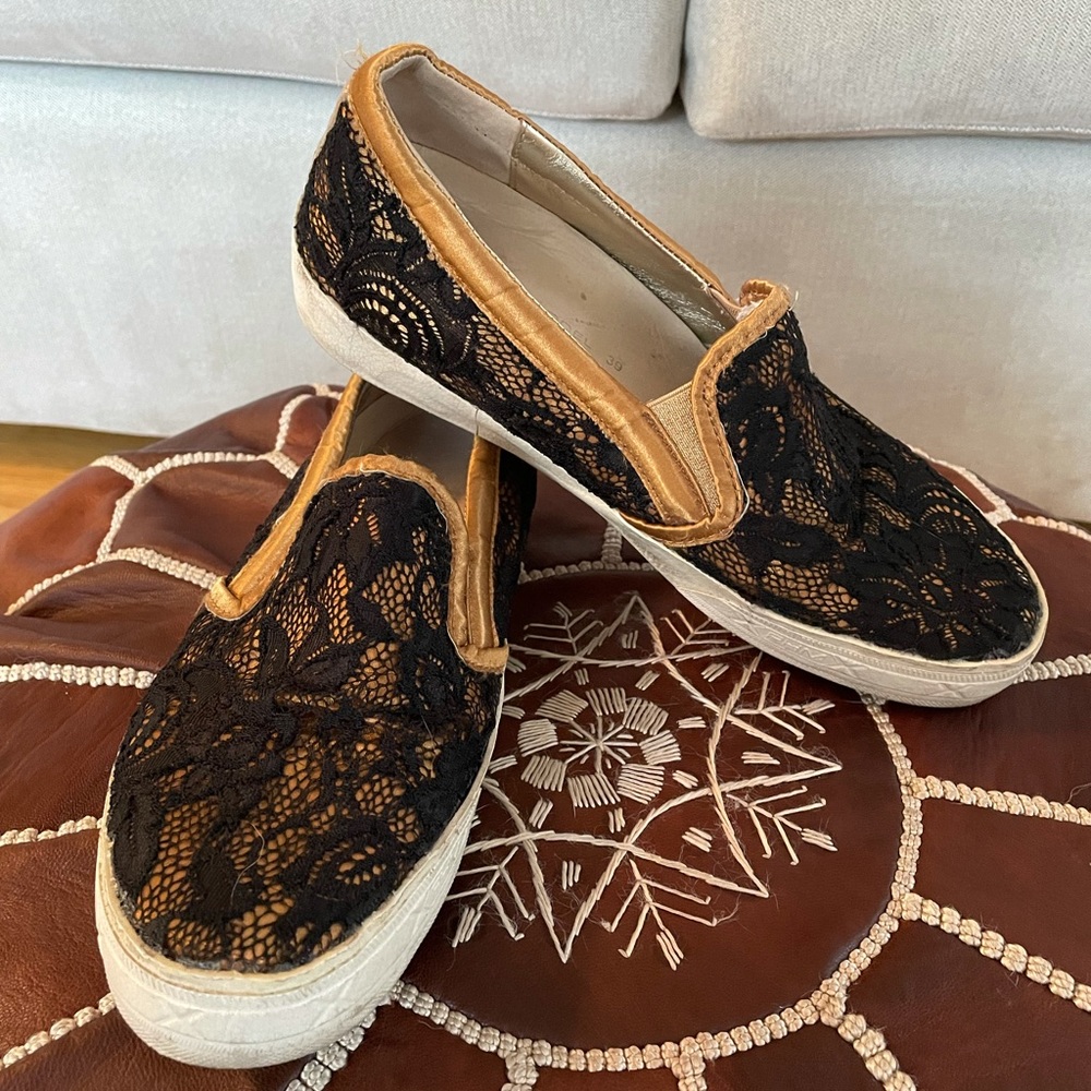 Black & Gold lace loafers